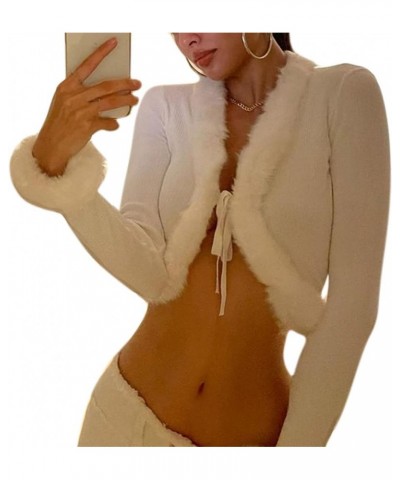 Women's Sexy Feather Trim Blouse Tops Long Sleeve Tie-up Cardigan Faux Fur Crop Top Rave Festival Outfits White $12.57 Sweaters