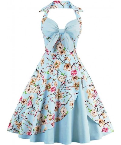 Women Vintage 1950s Rockabilly Swing Dress 50s Pinup Retro Hepburn Style A-Line Halterneck Floral Dresses Light Blue $20.99 D...