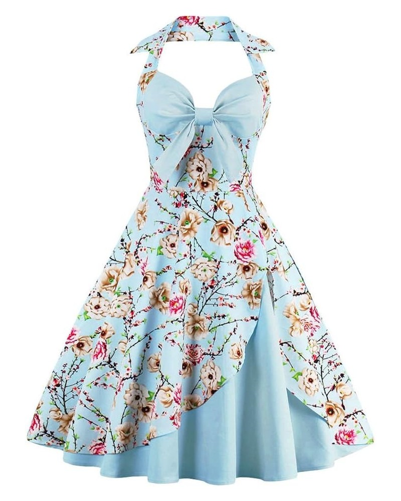 Women Vintage 1950s Rockabilly Swing Dress 50s Pinup Retro Hepburn Style A-Line Halterneck Floral Dresses Light Blue $20.99 D...