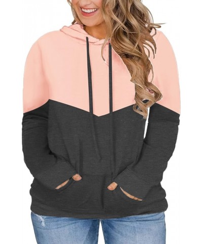 Plus-Size Hoodies for Women Color Block Pullover Sweatshirts 001_pink_with Pocket $13.99 Hoodies & Sweatshirts