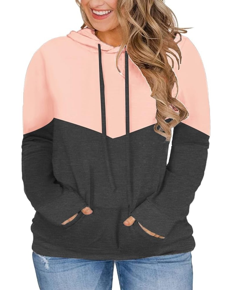 Plus-Size Hoodies for Women Color Block Pullover Sweatshirts 001_pink_with Pocket $13.99 Hoodies & Sweatshirts