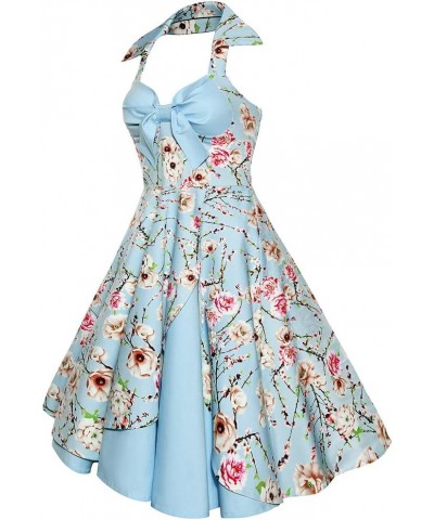 Women Vintage 1950s Rockabilly Swing Dress 50s Pinup Retro Hepburn Style A-Line Halterneck Floral Dresses Light Blue $20.99 D...