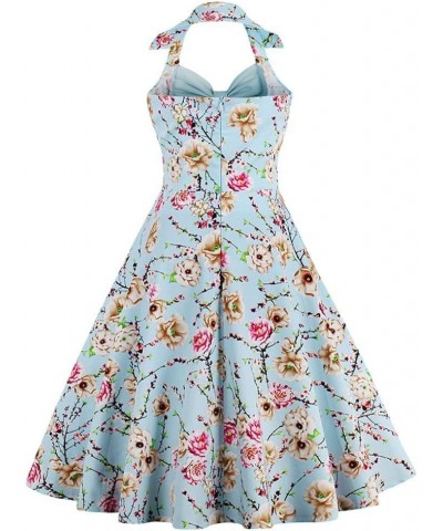 Women Vintage 1950s Rockabilly Swing Dress 50s Pinup Retro Hepburn Style A-Line Halterneck Floral Dresses Light Blue $20.99 D...