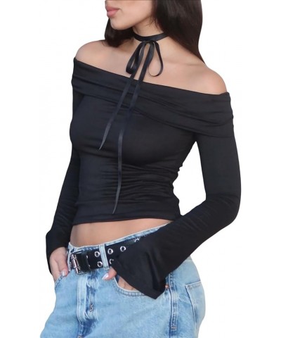 Women's Off The Shoulder Top Y2K Long Sleeve Crop Top Knitted Shirt Slim Fit Fairy Vintage Aesthetic Sweater Black-2 $8.24 Sw...