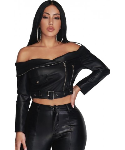 Women's Crop Leather Jacket Off Shoulder Long Sleeve Button Front Zip Up Casual Basic Blazer Waistcoat with Belt Black $25.19...