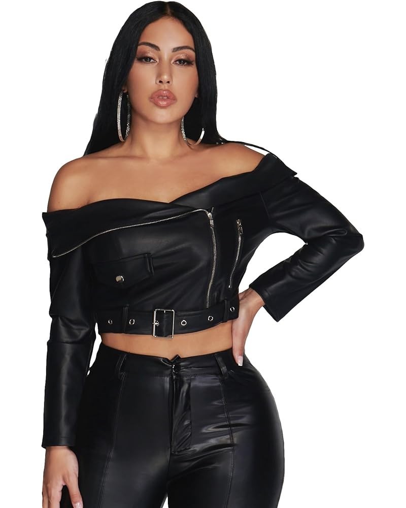 Women's Crop Leather Jacket Off Shoulder Long Sleeve Button Front Zip Up Casual Basic Blazer Waistcoat with Belt Black $25.19...