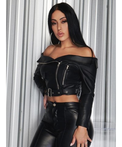 Women's Crop Leather Jacket Off Shoulder Long Sleeve Button Front Zip Up Casual Basic Blazer Waistcoat with Belt Black $25.19...