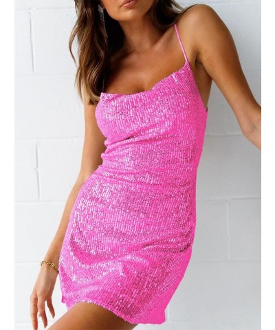 Women's Sequin Mini Dress Glitter Spaghetti Strap Cross Backless Party Sleeveless Clubbing Bodycon Dresses Rose $15.84 Dresses