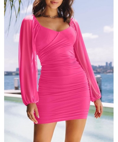 Women's Sexy V Neck Ruched Bodycon Mini Dress Puff Long Sleeve Cocktail Wedding Party Short Dresses Rose $16.10 Dresses