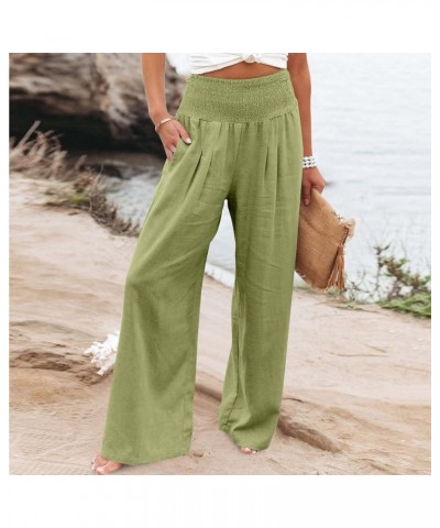 Cotton Linen Pants for Women Summer Casual Pocket Elastic High Waist Smocked Palazzo Pants Loose Fit Beach Long Pants Mint Gr...