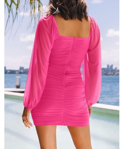 Women's Sexy V Neck Ruched Bodycon Mini Dress Puff Long Sleeve Cocktail Wedding Party Short Dresses Rose $16.10 Dresses