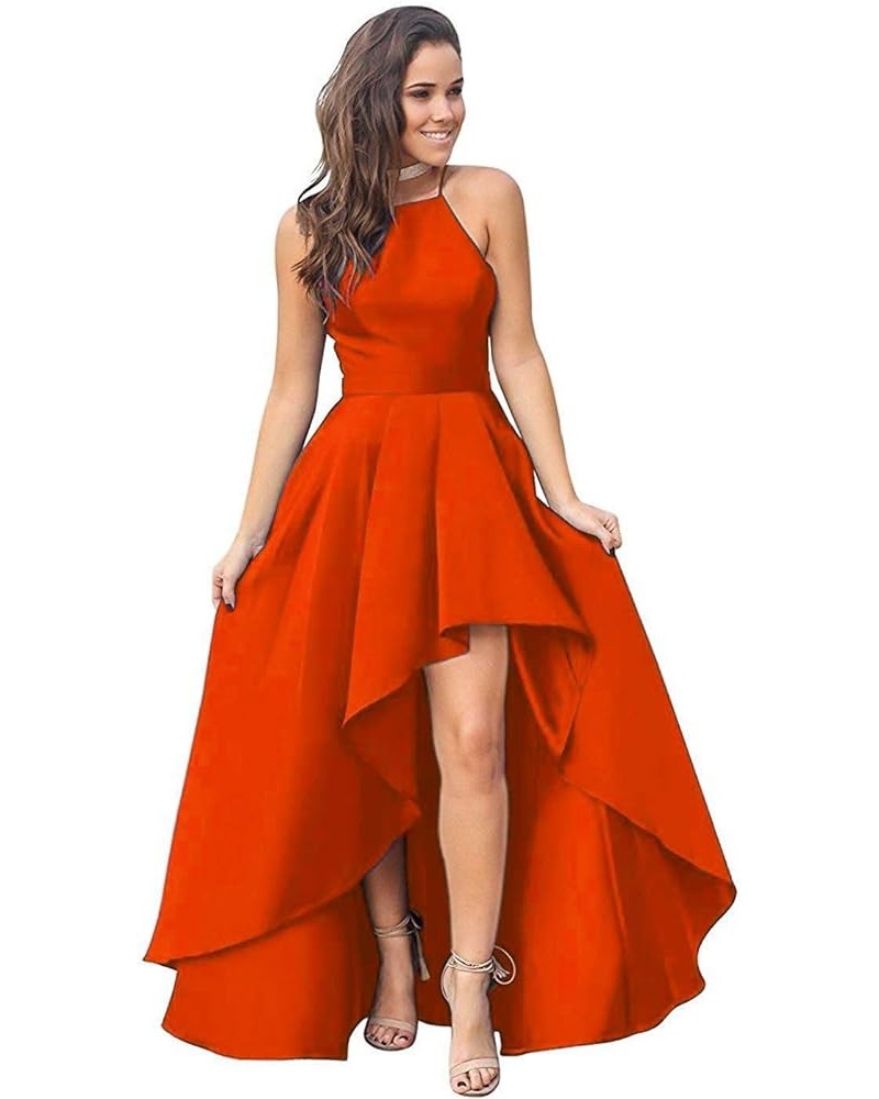 Women's Halter High Low Prom Dresses 2024 Satin Formal Evening Party Dress Fire Orange $40.80 Dresses