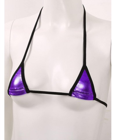 Women's Swimsuit Biquini Bikinis Patent Leather Halter String Bra Micro Thong Set Swimwear Purple $8.98 Swimsuits