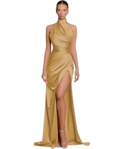 Halter Neck Prom Dresses with Split Long for Women 2023 Women's Mermaid Pleated Satin Formal Evening Dresses Gold $18.86 Dresses