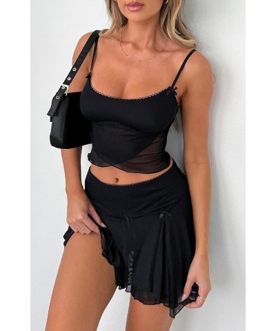 Women Y2k 2 Piece Skirt Sets Spaghetti Strap Slim Fit Camisole Low Waist Mesh Bodycon Mini Skirt Summer Clubwear Az-black Min...