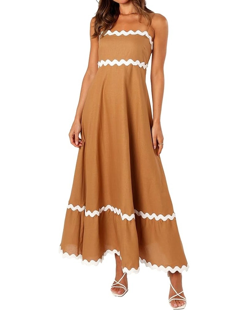 Women's Maxi Dress Backless Sleeveless Spaghetti Strap Contrast Color High Waist Casual Beach Vacation Long Dress Coffee $18....