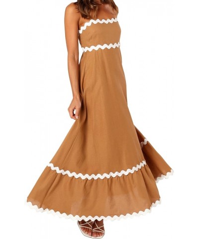 Women's Maxi Dress Backless Sleeveless Spaghetti Strap Contrast Color High Waist Casual Beach Vacation Long Dress Coffee $18....