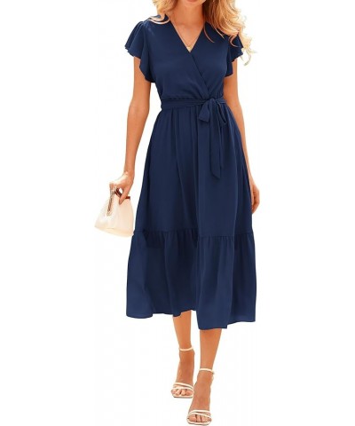 Women Summer Bohemian Floral Casual Wrap V Neck Ruffle Cap Sleeveless Belt A-Line Pleated Hem Midi Sun Dress White Solid Navy...