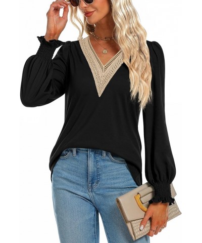 Women's Casual Lace V Neck T Shirts Dressy Smocked Puff Long Sleeve Tops Loose Tunic Blouses Black $9.17 Tops