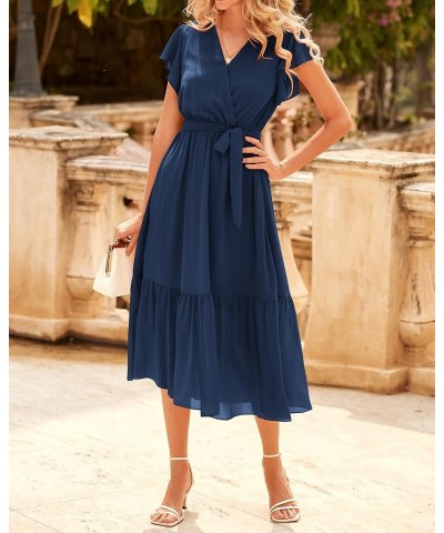 Women Summer Bohemian Floral Casual Wrap V Neck Ruffle Cap Sleeveless Belt A-Line Pleated Hem Midi Sun Dress White Solid Navy...