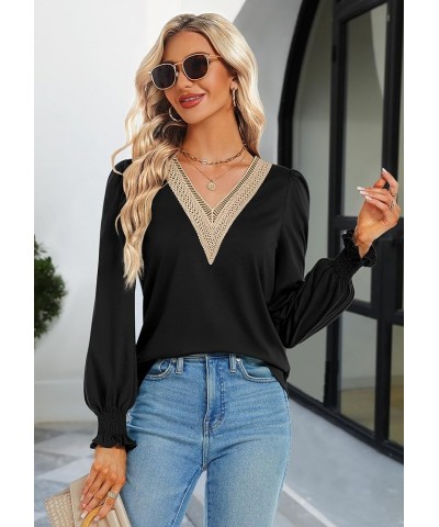 Women's Casual Lace V Neck T Shirts Dressy Smocked Puff Long Sleeve Tops Loose Tunic Blouses Black $9.17 Tops