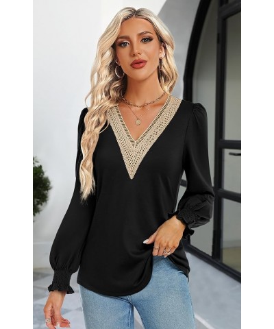 Women's Casual Lace V Neck T Shirts Dressy Smocked Puff Long Sleeve Tops Loose Tunic Blouses Black $9.17 Tops