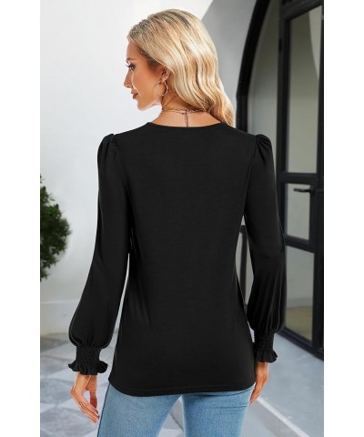 Women's Casual Lace V Neck T Shirts Dressy Smocked Puff Long Sleeve Tops Loose Tunic Blouses Black $9.17 Tops