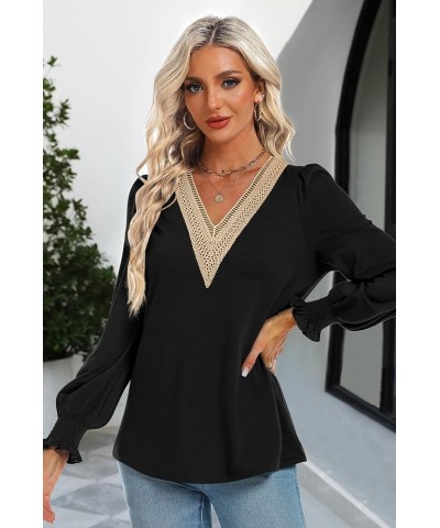 Women's Casual Lace V Neck T Shirts Dressy Smocked Puff Long Sleeve Tops Loose Tunic Blouses Black $9.17 Tops