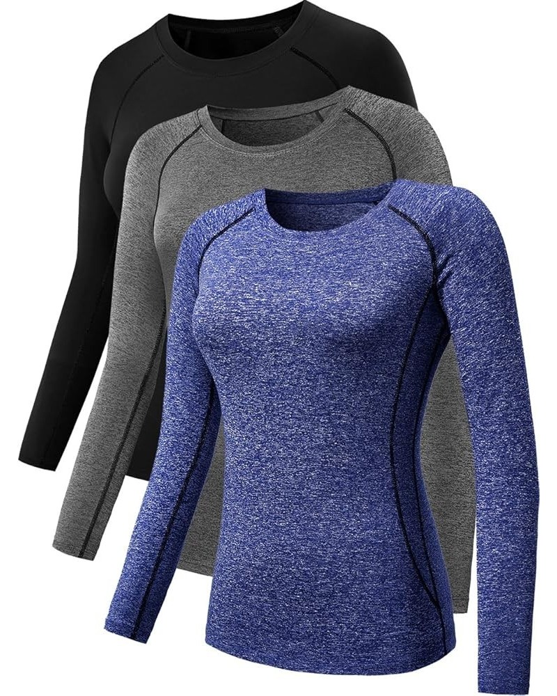 Women's 3 Pack Compression Shirts Long Sleeve Yoga Athletic Running T Shirt 8021:black,grey,blue $13.11 Activewear