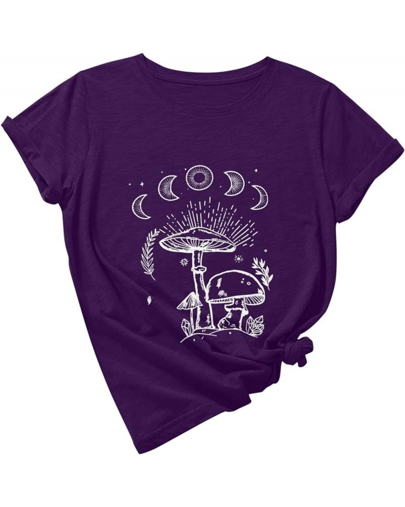 Womens Vintage Mushroom Sun Moon Graphic Tops Trendy Oversized Tee Shirts Casual Loose Fit Crewneck Blouse Tee Girls Blue $5....