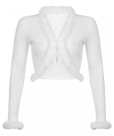 Women's Sexy Feather Trim Blouse Tops Long Sleeve Tie-up Cardigan Faux Fur Crop Top Rave Festival Outfits White $12.57 Sweaters