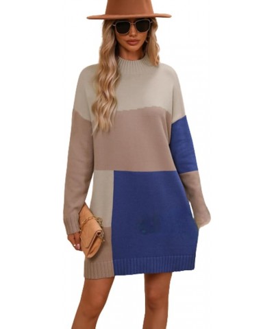 Women's Bodycon Color Block Mini Pullover Sweater Dress Slim Fit Warm Fall Winter Pullover Sweater Dress 04-blue $22.79 Sweaters