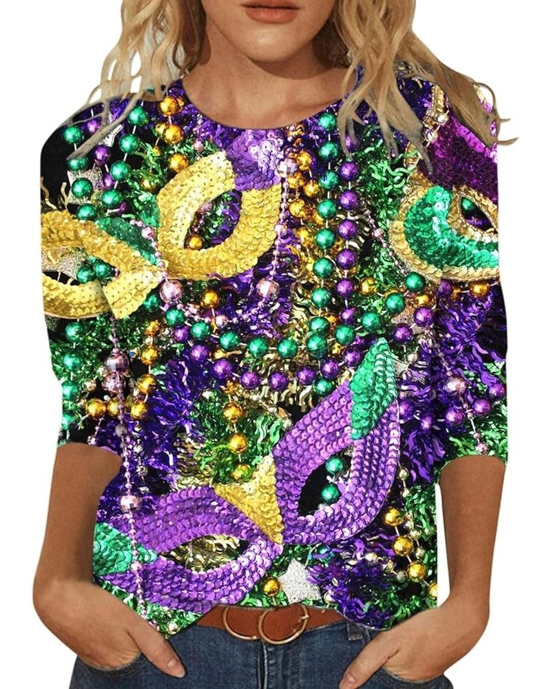 2024 Mardi Gras Shirt for Women Carnival Themed Outfit Party Mask Graphic 3/4 Sleeve Tees Tops Crewneck Parade Tshirt 001-pur...