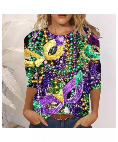 2024 Mardi Gras Shirt for Women Carnival Themed Outfit Party Mask Graphic 3/4 Sleeve Tees Tops Crewneck Parade Tshirt 001-pur...