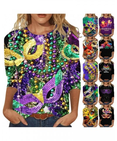 2024 Mardi Gras Shirt for Women Carnival Themed Outfit Party Mask Graphic 3/4 Sleeve Tees Tops Crewneck Parade Tshirt 001-pur...