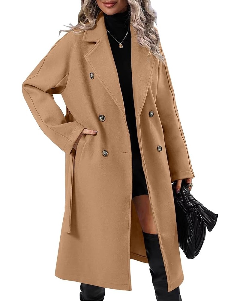 Women Elegant Wool Pea Coat Lapel Collar Double Breasted Mid-Long Winter Overcoats with Belted Pockets Camel $28.60 Coats