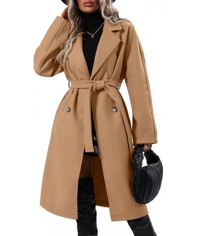 Women Elegant Wool Pea Coat Lapel Collar Double Breasted Mid-Long Winter Overcoats with Belted Pockets Camel $28.60 Coats