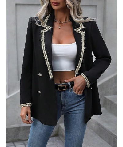 Contrast Trim Double Breasted Blazer for Women | Elegant Lapel Long Sleeve Jacket (Color : Black, Size : Small) Medium Black ...