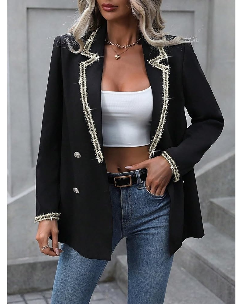 Contrast Trim Double Breasted Blazer for Women | Elegant Lapel Long Sleeve Jacket (Color : Black, Size : Small) Medium Black ...