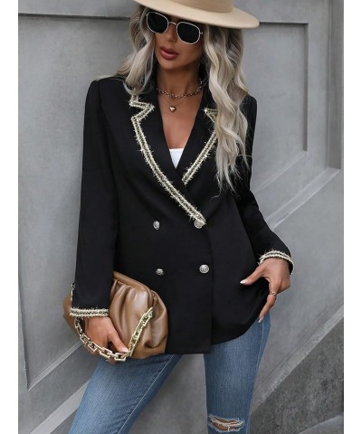 Contrast Trim Double Breasted Blazer for Women | Elegant Lapel Long Sleeve Jacket (Color : Black, Size : Small) Medium Black ...