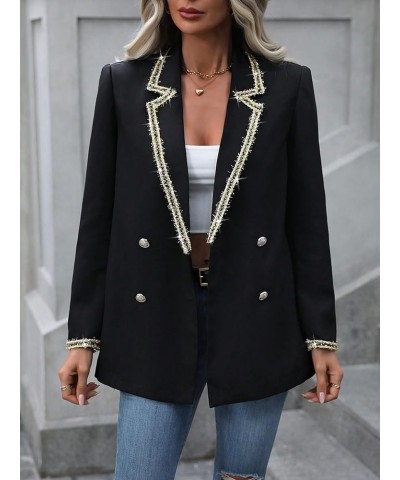 Contrast Trim Double Breasted Blazer for Women | Elegant Lapel Long Sleeve Jacket (Color : Black, Size : Small) Medium Black ...