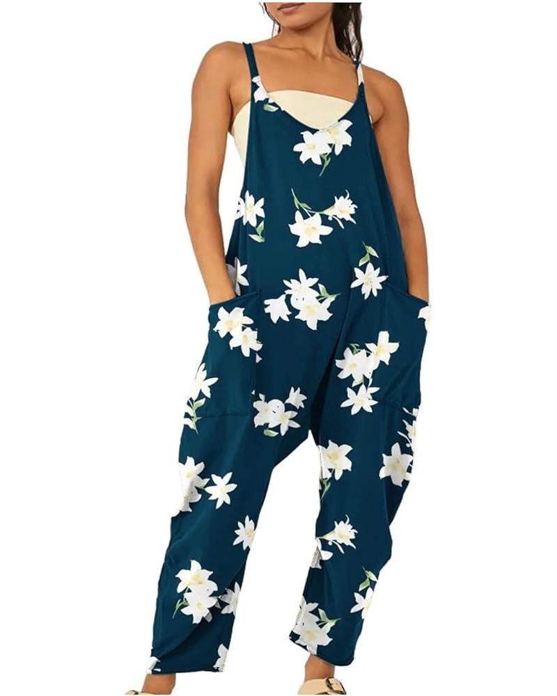 Women Casual Jumpsuit Boho Floral Print Loose Rompers Pants Baggy Long Overalls Pockets Summer Fashion Harem Dark Blue $11.39...