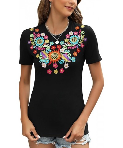 Mexican Shirts for Women Embroidered Tops Traditional Summer Blouse Women's Floral Tunic Round Neck Short Sleeve 692black $19...