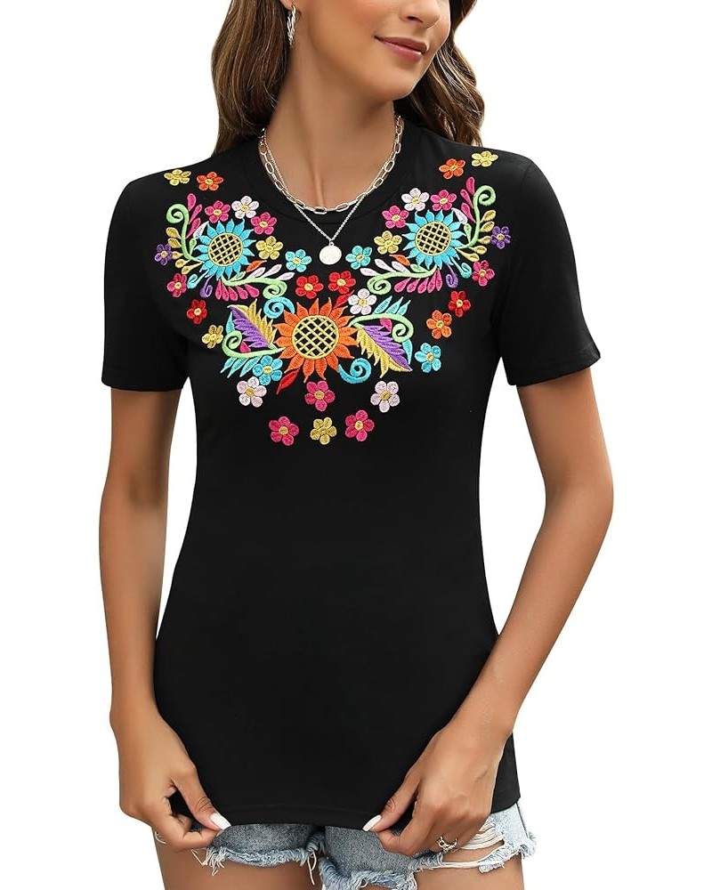 Mexican Shirts for Women Embroidered Tops Traditional Summer Blouse Women's Floral Tunic Round Neck Short Sleeve 692black $19...