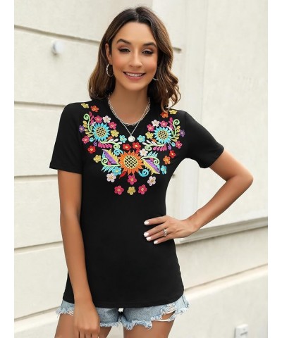 Mexican Shirts for Women Embroidered Tops Traditional Summer Blouse Women's Floral Tunic Round Neck Short Sleeve 692black $19...