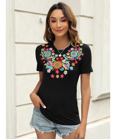 Mexican Shirts for Women Embroidered Tops Traditional Summer Blouse Women's Floral Tunic Round Neck Short Sleeve 692black $19...