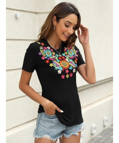 Mexican Shirts for Women Embroidered Tops Traditional Summer Blouse Women's Floral Tunic Round Neck Short Sleeve 692black $19...