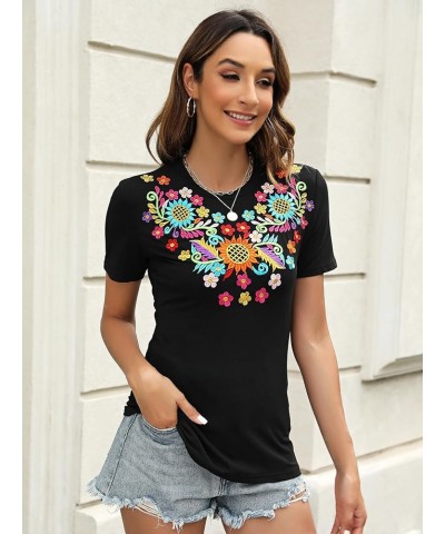 Mexican Shirts for Women Embroidered Tops Traditional Summer Blouse Women's Floral Tunic Round Neck Short Sleeve 692black $19...