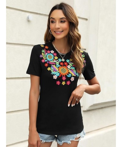 Mexican Shirts for Women Embroidered Tops Traditional Summer Blouse Women's Floral Tunic Round Neck Short Sleeve 692black $19...