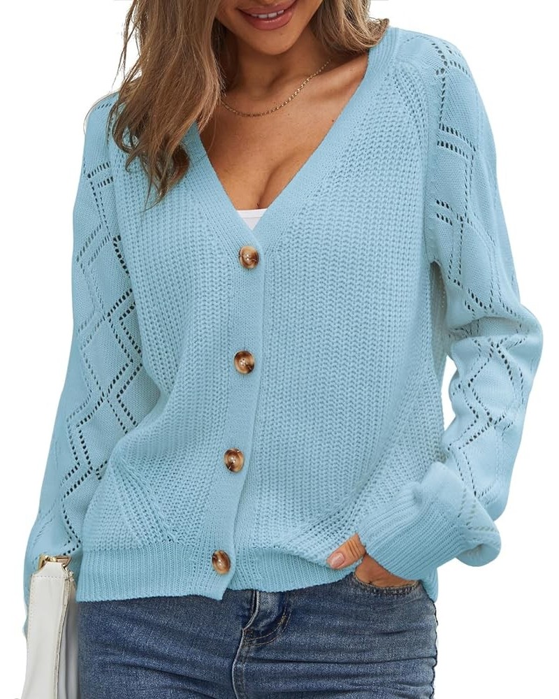 Women's V-Neck Cropped Knit Cardigan Sweater Casual Open Front Long Sleeve Shrugs Tops Button Down Light Blue $12.65 Sweaters